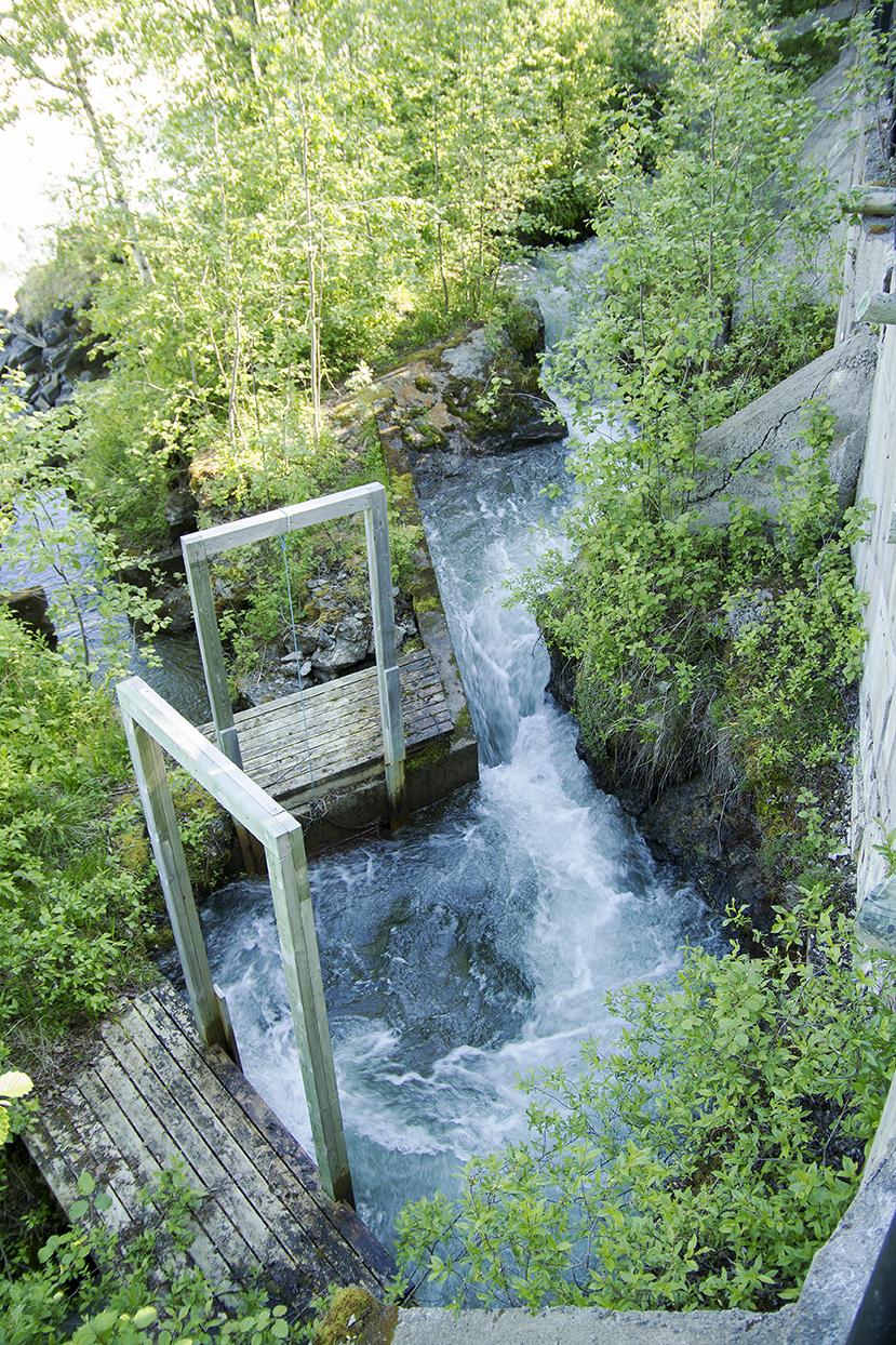Laksetrappa i Målselv. Fisketrappa ble bygd i 1910, er omtrent 450 m lang, har 44 kulper og 22 m fallhøyde. Trappa er skutt ut i berggrunnen langs fossen.