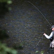 Mann fisker i elva