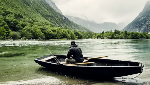 Laksefisker i båt ved elvebredden.